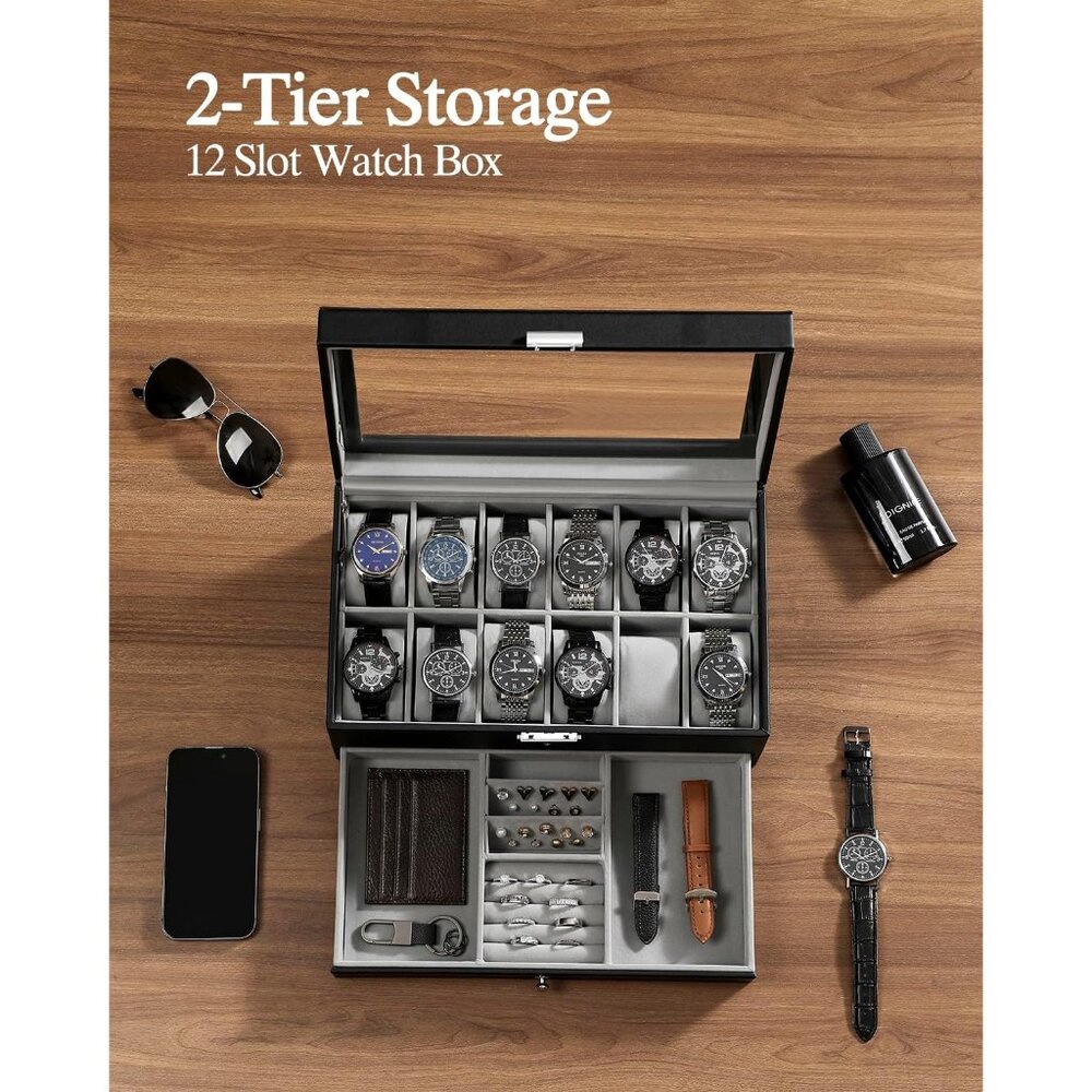 Watch Box 12 Slot Watch Display Organizer Leather Jewelry Case Drawer Glass Birt - Picture 5 of 8
